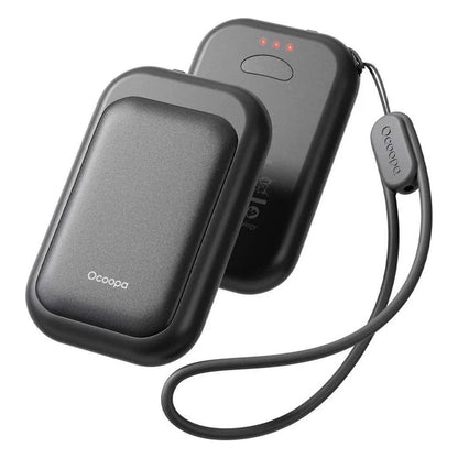 A front and back view of the Ocoopa UT4 Young Rechargeable Hand Warmer in Black on Black with a wrist strap against a white background.