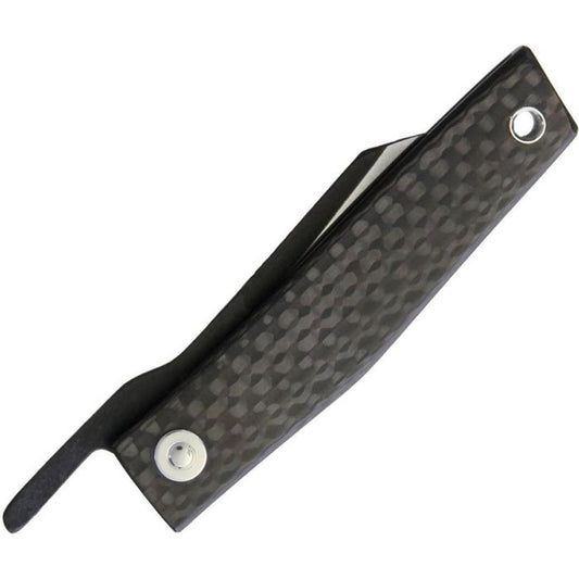 A side view of the Ohta Knives FK 5 Carbon Fiber Folder with a carbon fiber handle and metal rivets against a white background.