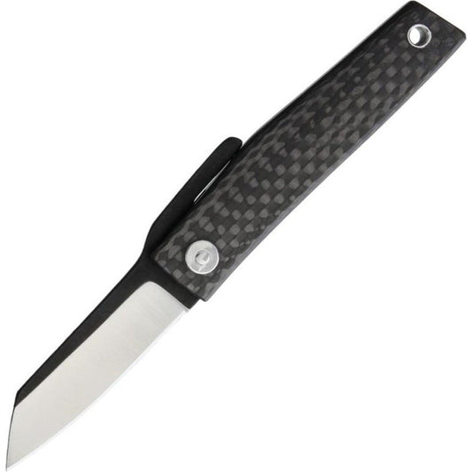 A side view of the Ohta Knives FK 5 Carbon Fiber Folder with a carbon fiber handle and clip, against a white background.
