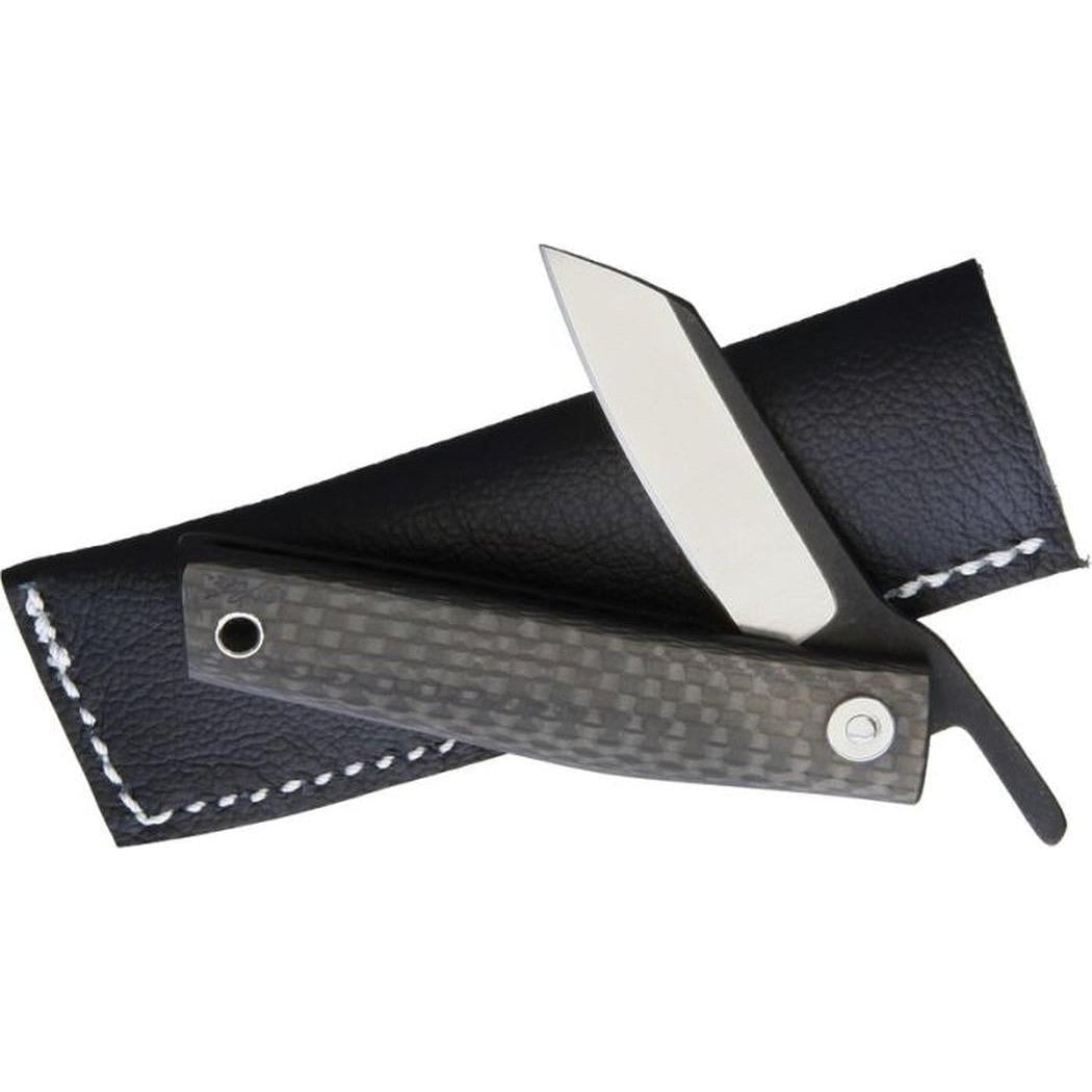 A side view of the Ohta Knives FK 5 Carbon Fiber Folder with its carbon fiber handle and black leather sheath.