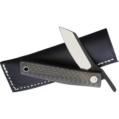 A side view of the Ohta Knives FK 5 Carbon Fiber Folder with its carbon fiber handle and black leather sheath.