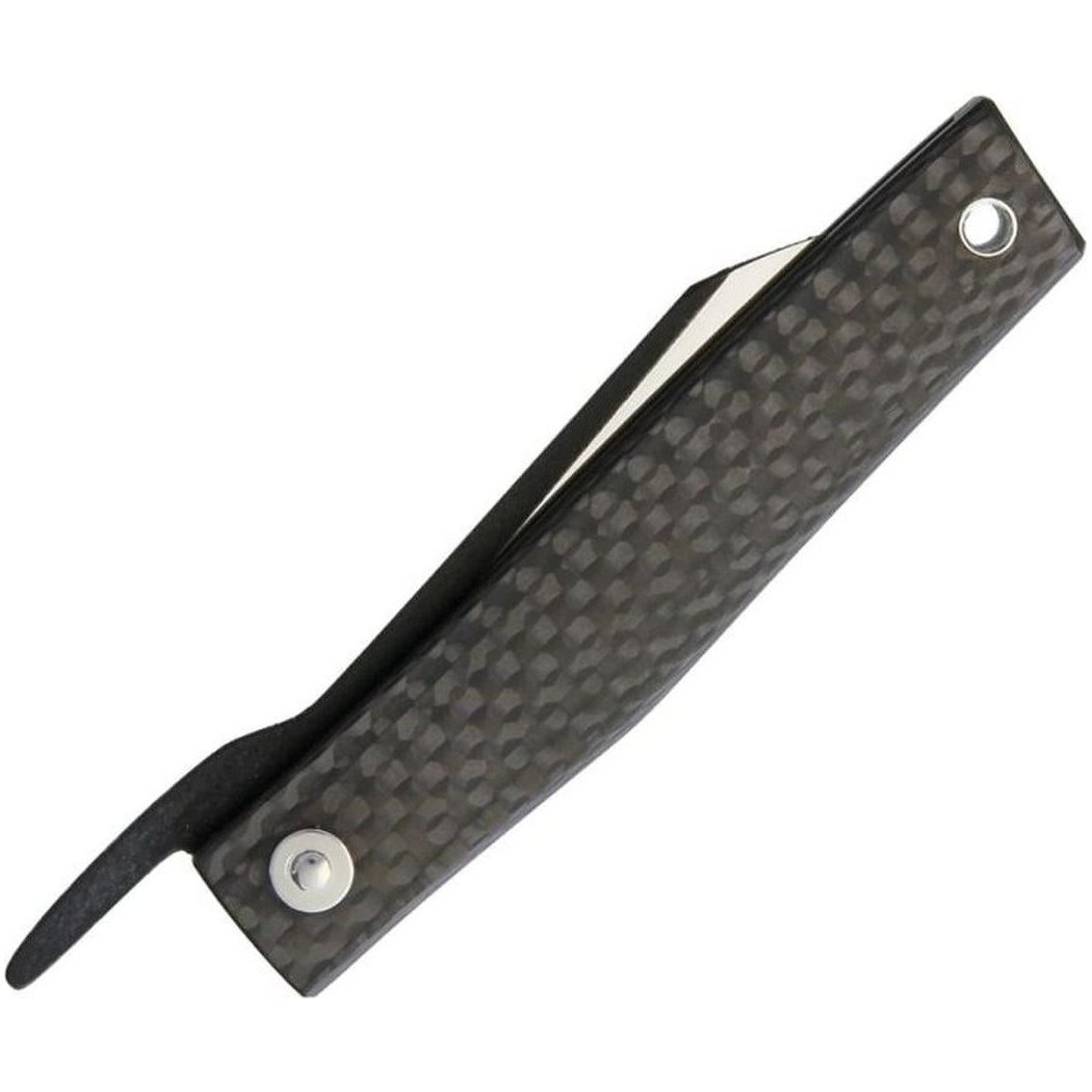 Side view of the Ohta Knives FK7 Folder Carbon Fiber with carbon fiber handle and metal accents against a white background.
