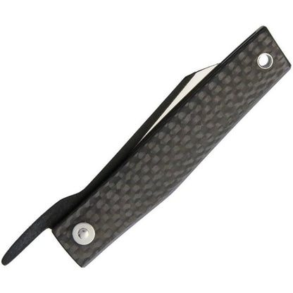 Side view of the Ohta Knives FK7 Folder Carbon Fiber with carbon fiber handle and metal accents against a white background.
