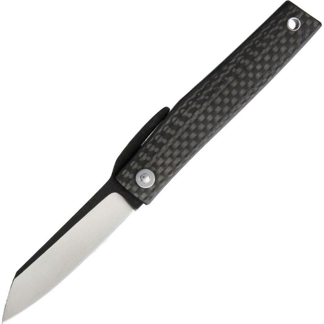 A side view of the Ohta Knives FK7 Folder Carbon Fiber with a carbon fiber handle and a white blade against a white background.