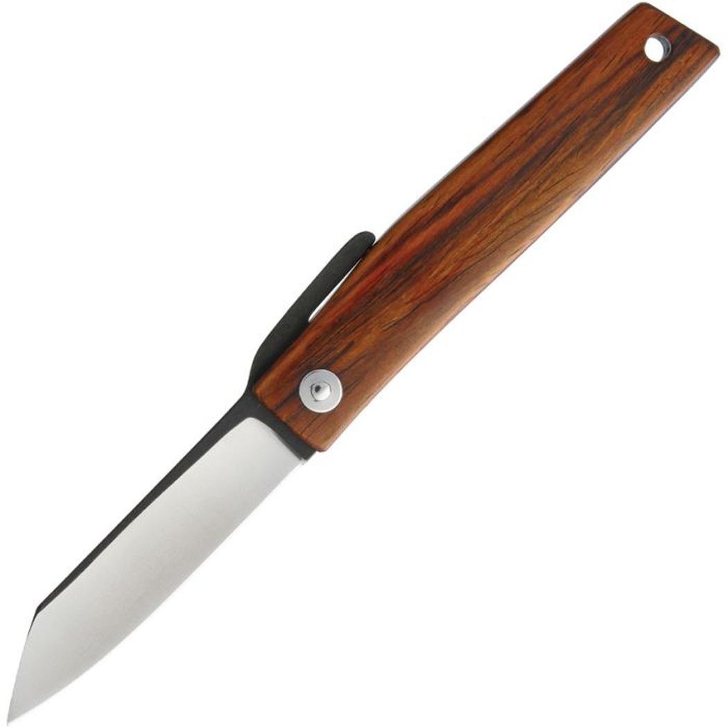 A side view of the Ohta Knives FK7 Folder Cocobolo with a wooden handle and a silver screw, against a white background.