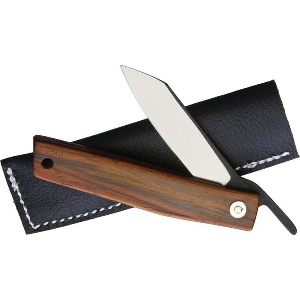 A side view of the Ohta Knives FK7 Folder Cocobolo with a polished wooden handle and a black leather sheath with white stitching.