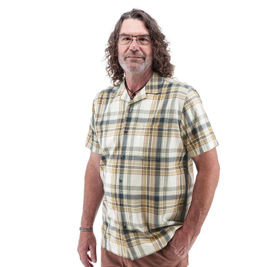 A front view of the Old Ranch Men's Ayden Shirt in Clove on a model with a white background.