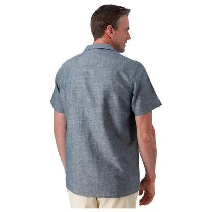 Back view of the Old Ranch Men's Bodi Shirt in Dark Blue on a model against a white background.