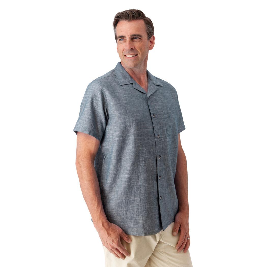 A front view of the Old Ranch Men's Bodi Shirt in Dark Blue on a model against a white background.