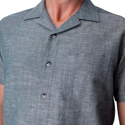 A close-up of the Old Ranch Men's Bodi Shirt in Dark Blue showing the button front and chest pocket against a plain background.