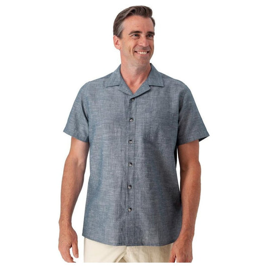 A front view of the Old Ranch Men's Bodi Shirt in Dark Blue on a model against a white background.