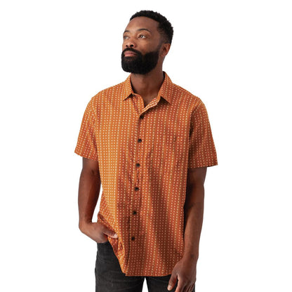 A front view of the Old Ranch Men's Hawke Shirt 26 in Hot Sauce showing the short sleeves and button front against a white background.