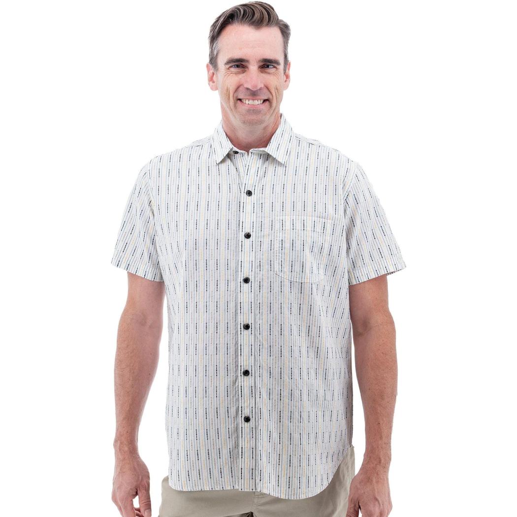 A front view of the Old Ranch Men's Hawke Shirt 26 in Hot Sauce on a smiling model against a white background.