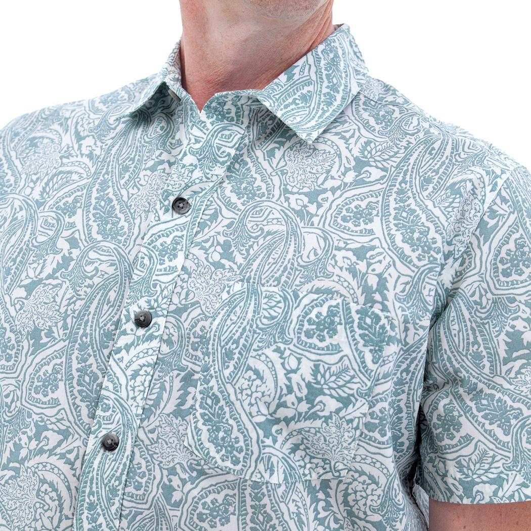 A close-up of the Old Ranch Men's Lennon Shirt in Tourmaline, showing the paisley pattern and button-front design on a model against a white background.