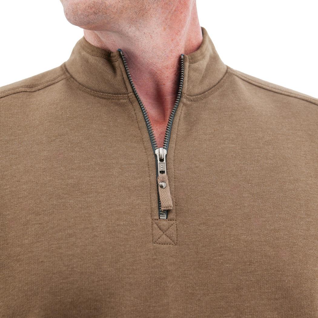 A close-up of the Old Ranch Men's Ozark 1/4 Zip Pullover in Teak showing the zipper and collar against a white background.