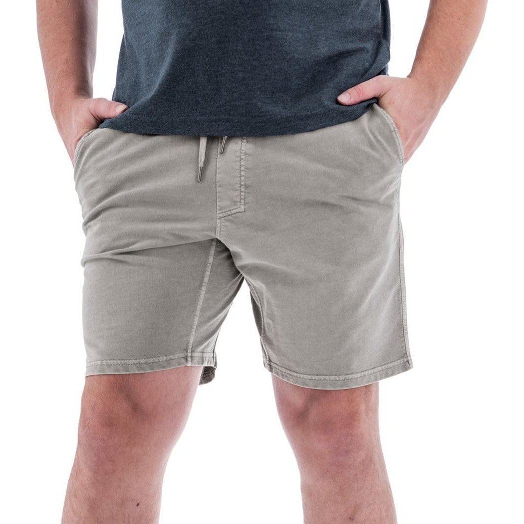 A front view of the Old Ranch Men's Sprague Short in Neutral Grey showing the drawstring waist and pockets, on a model against a white background.