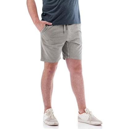 A front view of the Old Ranch Men's Sprague Short in Neutral Grey on a model wearing white sneakers against a white background.