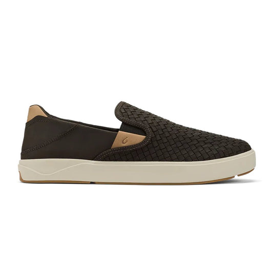 Side view of the Olukai Men's Lae'Ahi Lauhala in Dark Java showing the woven upper and cream-colored sole against a white background.