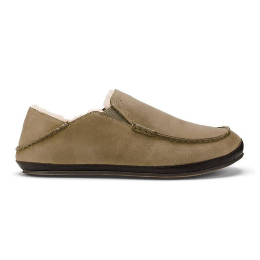 Side view of the Olukai Men's Moloa Slipper in Clay/Dark Java showing the slip-on design and dark sole against a white background.