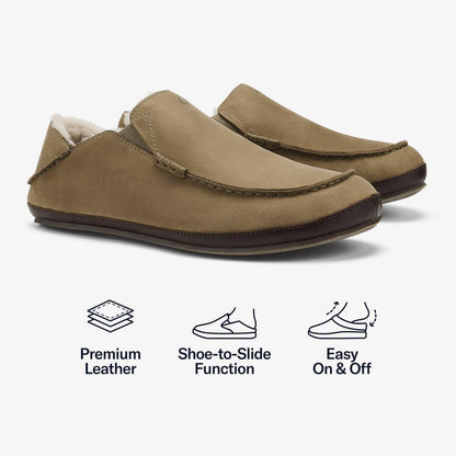 Clay/Dark Java Olukai Men's Moloa Slippers in a side view with premium leather and shoe-to-slide function visible.