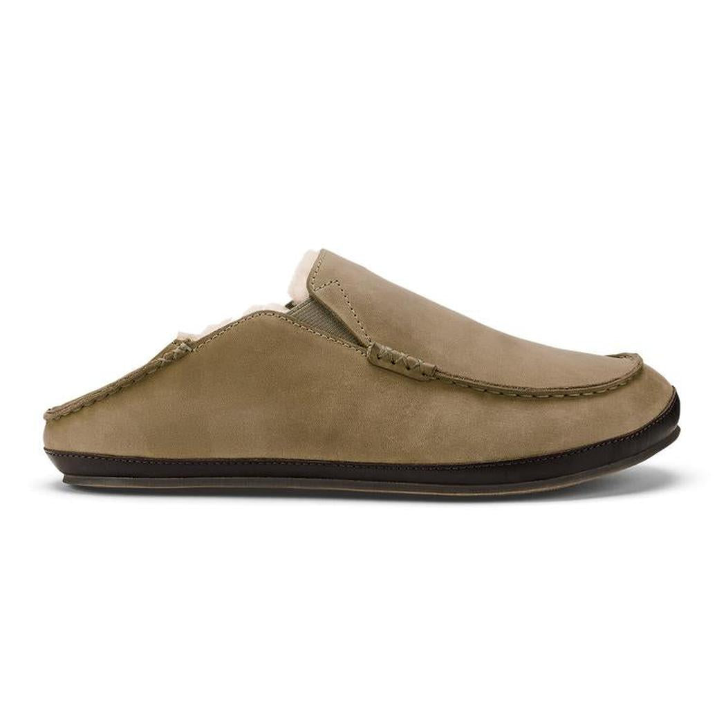 Side view of the Olukai Men's Moloa Slipper in Clay/Dark Java showing the slip-on design against a white background.