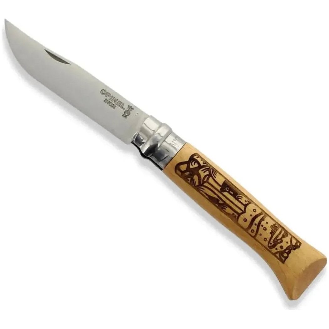 A side view of the Opinel National Parks Collection Grand Canyon knife with a wooden handle featuring a carved design, displayed against a white background.