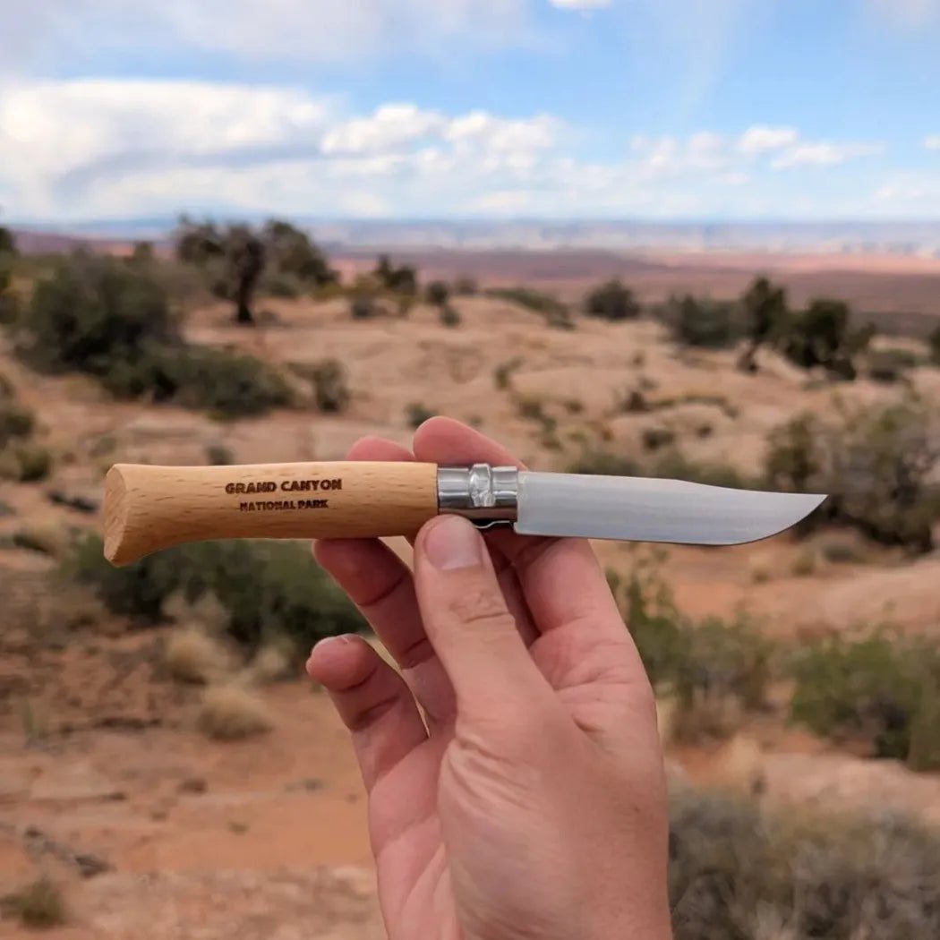 A hand holds the Grand Canyon Opinel National Parks Collection knife with a desert landscape in the background.