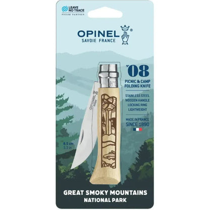 A front view of the Opinel National Parks Collection '08 picnic and camp folding knife with a Grand Canyon colored wooden handle and stainless steel blade against a Great Smoky Mountains National