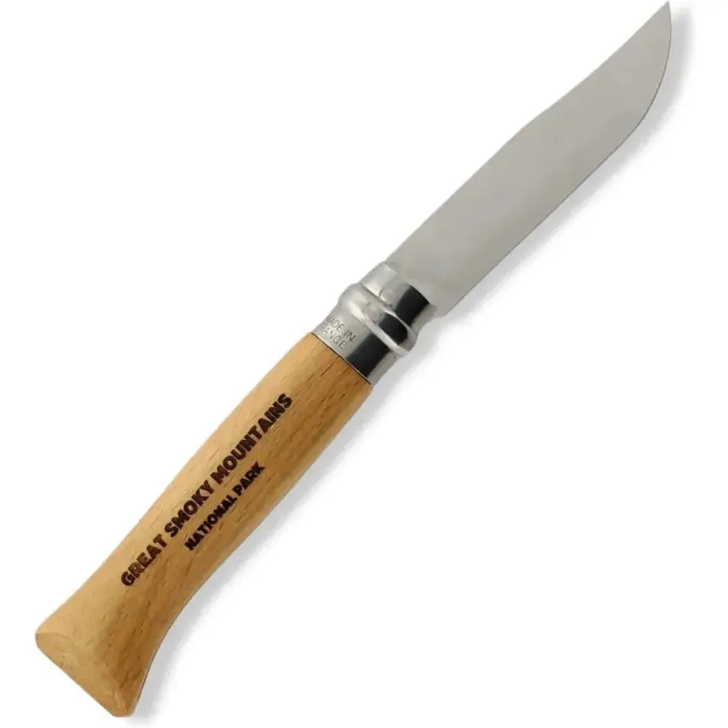 A side view of the Opinel National Parks Collection Grand Canyon knife with a wooden handle and silver accents against a white background.