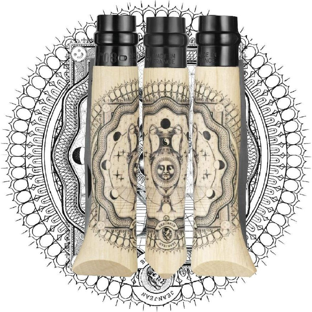 Three Opinel No.08 Artist Limited V Cosmos Edition knives with cosmic designs on light wood handles, set against a detailed mandala background.