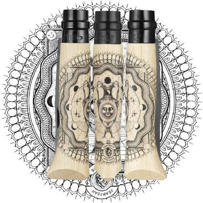Three Opinel No.08 Artist Limited V Cosmos Edition knives with cosmic designs on light wood handles, set against a detailed mandala background.