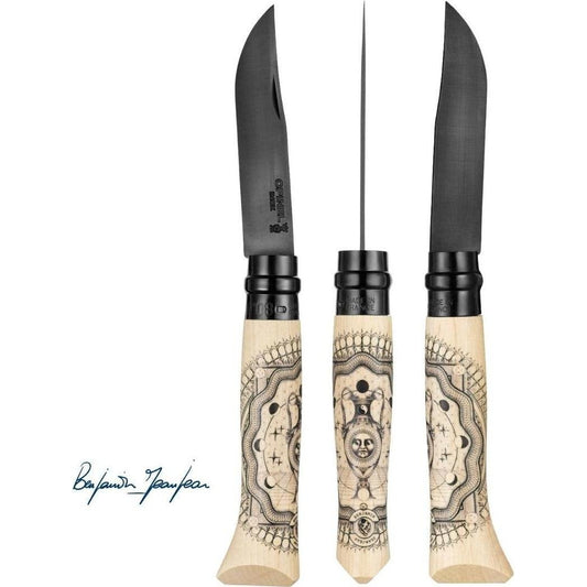 Three Opinel No.08 Artist Limited V Cosmos Edition knives with artist designs on light handles and black blades, displayed against a white background.