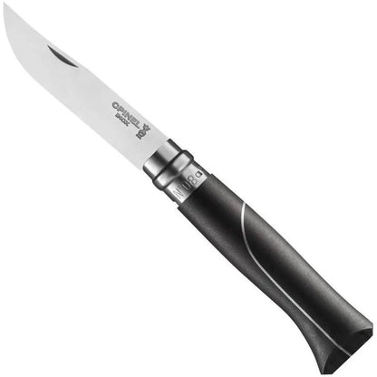 A side view of the Opinel No.08 Ellipse Ebony Folding Knife with a black handle and white blade against a white background.