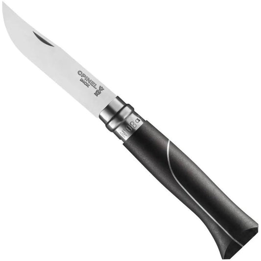 A side view of the Opinel No.08 Ellipse Ebony Folding Knife with a black handle and white blade against a white background.