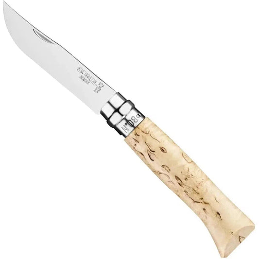 A side view of the Opinel No.08 Limited Edition - "Sampo" Curly Birch knife with a light wood handle and stainless steel blade against a white background.
