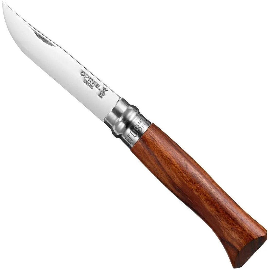 A side view of the Opinel No.08 Polished Stainless Steel Folding Knife with a Padouk handle against a white background.