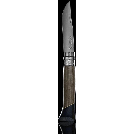 A side view of the Opinel No.08 Workshop knife with a charcoal/graphite handle and silver accents against a black background.