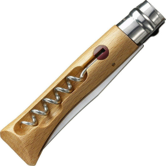 A side view of the Opinel No.10 Corkscrew Knife with a wooden handle and metal accents, showing the corkscrew mechanism and a white background.