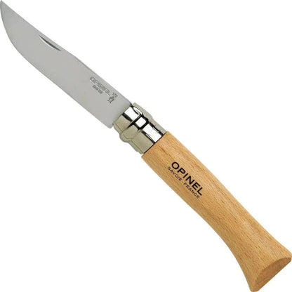 A front view of the Opinel No.10 Stainless Folding Knife with a wooden handle and stainless steel blade against a white background.