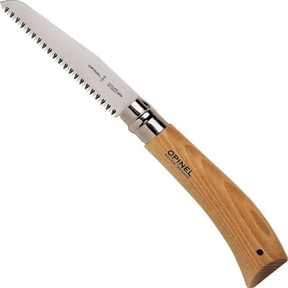 A side view of the Opinel No.12 Carbon Steel Folding Saw with a wooden handle and serrated blade against a white background.