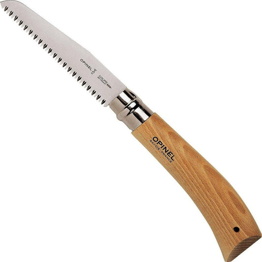 A side view of the Opinel No.12 Carbon Steel Folding Saw with a wooden handle and serrated blade against a white background.