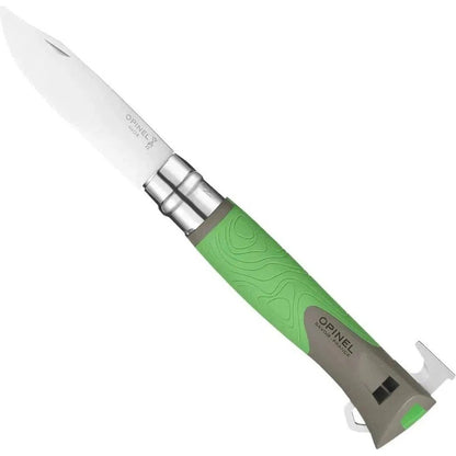 A side view of the Opinel No.12 Outdoor Explore Folding Knife With Tick Remover in Green showing the green handle and bottle opener against a white background.