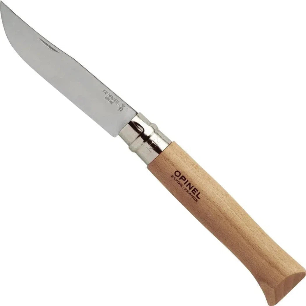 A side view of the Opinel No.12 Stainless Steel Folding Knife with a natural wood handle against a white background.