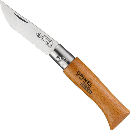 A side view of the Opinel No.3 Carbon Folding Knife with a wooden handle and metal bolster against a white background.