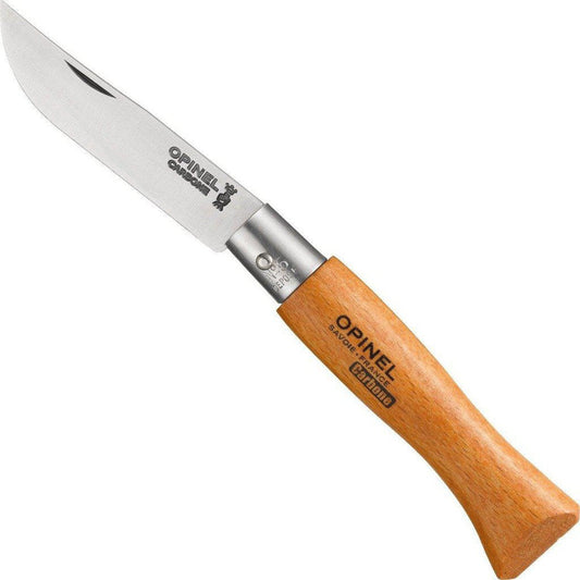 A side view of the Opinel No.5 Carbon Folding Knife with a wooden handle and stainless steel blade against a white background.