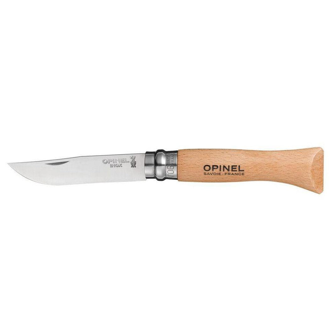A side view of the Opinel No.6 Stainless Folding Knife with a wooden handle against a white background.