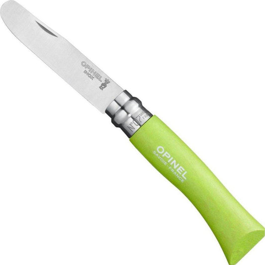 A side view of the Opinel No. 7 My First Opinel Colored knife with a green handle against a white background.