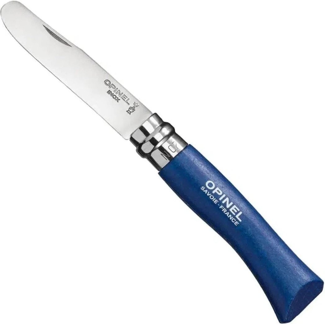 A side view of the Opinel No. 7 My First Opinel Colored knife with a green handle against a white background.