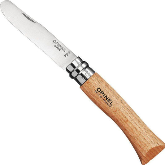 A close-up of the Opinel No.7 My First Opinel Natural knife with a wooden handle and stainless steel blade, shown against a white background.