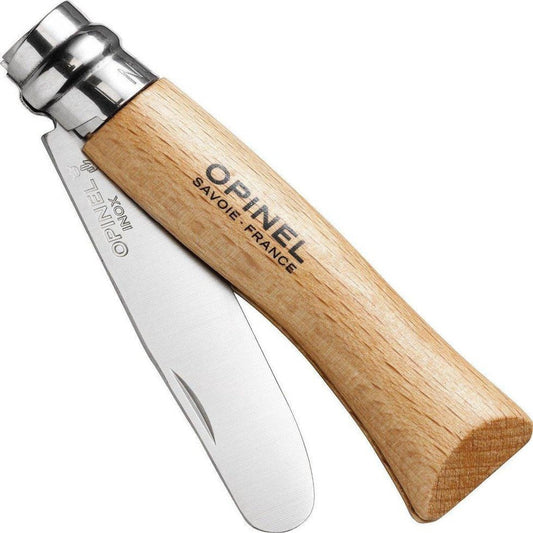 A side view of the Opinel No.7 My First Opinel Natural knife with a wooden handle and stainless steel blade against a white background.